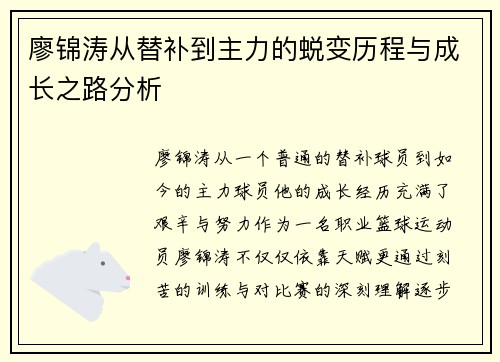 廖锦涛从替补到主力的蜕变历程与成长之路分析