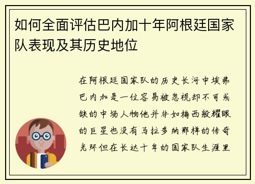 如何全面评估巴内加十年阿根廷国家队表现及其历史地位